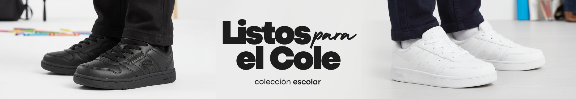 Banner de calzado escolar Kellys con zapatillas blancas y zapatos negros de cuero